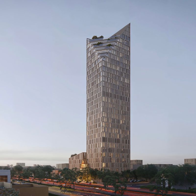Render of the Qarar Al Majdiah tower with its angled glass crown, Riyadh